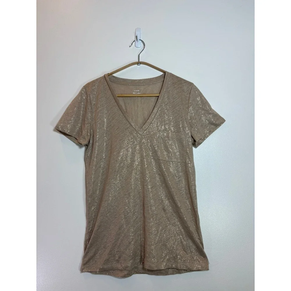 J.Crew Women Linen Metallic Gold  Tan Foil Pocket V-Neck Shirt Small Sheer Chic